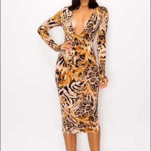 Dresses & Skirts - Long-sleeved Leopard Print Bodycon V-neck Dress